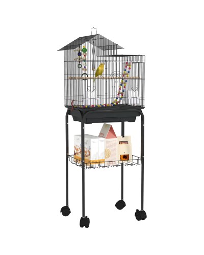 Bird Cage with Stand, Rolling Wheels, Shelf and Accessories, 46x36x120 cm, Black