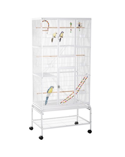 Gabbia per Uccelli in Acciaio e PP con Posatoi, Giochi, Contenitori per Cibo e Vassoio, 83x53x180 cm, Bianco