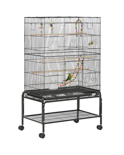 Steel Bird Cage with Perches, Toys, Food Bowls and Tray, 79x49x133 cm, Black
