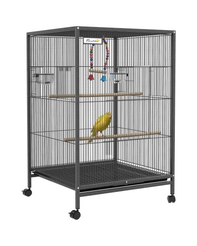  Gabbia per Uccelli in Acciaio e PP con 5 Porte, 2 Posatoi e Vassoio Estraibile, 48x46x74 cm, Grigio