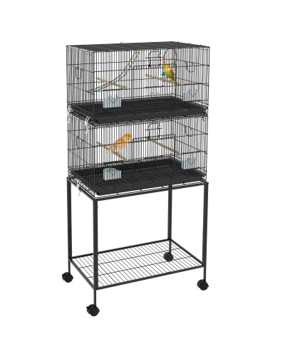  Gabbia per Uccelli in Acciaio e PP, Design Impilato con Posatoi, Altalene e Scalette, 77x46x164 cm, Nero