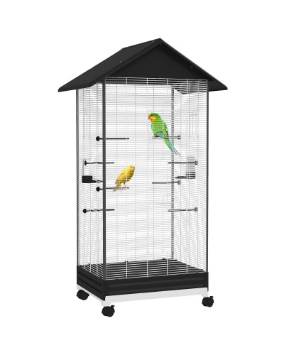 Bird Cage with Wheels and Removable Tray, 155cm High Flight Cage with Perches and Feeders, Black