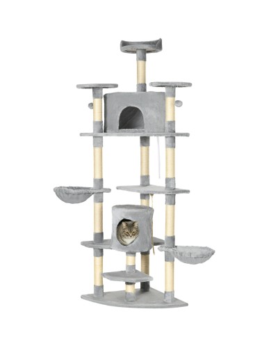  Albero Tiragraffi per Gatti Alto con Casette e Amache, 60x60x200cm, Grigio Chiaro