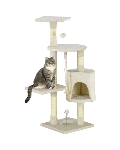  Albero Tiragraffi per Gatti con Cassetta, Pallina, Corda per Gioco e Relax, 40x40x116 cm, Beige