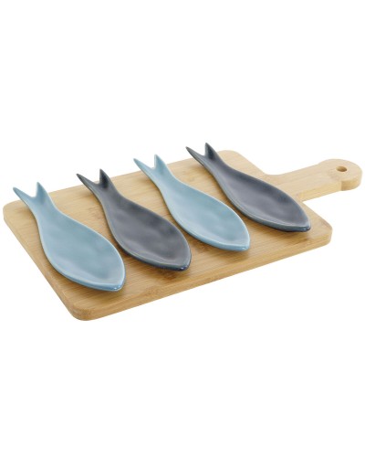 Alkuruokasetti Home ESPRIT Sininen Vihreä Laivastonsininen Bambu Posliini Välimeren Kalat 36 x 18 x 1,3 cm 5 Kappaletta