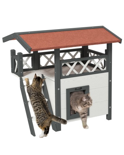  Casetta per Gatti da Esterno con Terrazza e Scaletta in Legno, 77x50x73cm, Bianco e Grigio