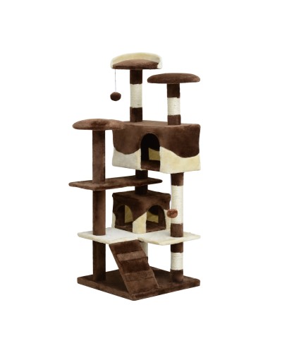  Albero Tiragraffi per Gatti in Peluche e Sisal con Cucce e Pallina 50×50×134.5cm Caffè e Crema