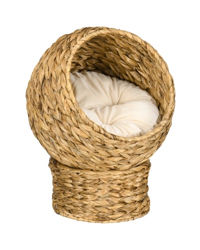  Cuccia Rialzata per Gatti in Vimini, con Cuscino in Cotone, Marrone e Bianco, 42 x 33 x 52cm