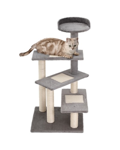  Tiragraffi per Gatti da 100cm con Lettino Rotondo, Pali in Sisal e Rivestimento in Peluche, Grigio