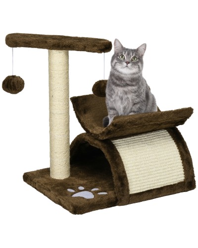 Cat Scratching Post Tree Scratcher Play Toy with Condo, 2 Hanging Balls in Natural Sisal, 43cm Height