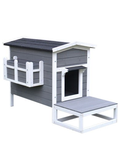  Cuccia per Gatti Rialzata con Balconcino e Tetto Impermeabile da Giardino Legno 115x66.5x74.7cm Grigio