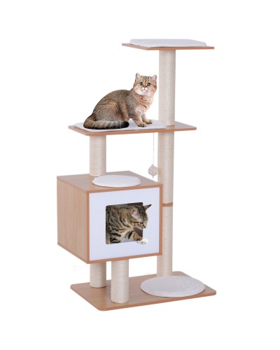 Cat Scratching Post 120cm with Condo Platforms and Sisal Toys, MDF 71.5x49.5x120cm Wood, White