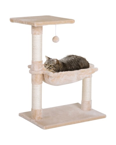  Torre per Gatti max 3.6kg con Amaca e Pallina Appesa, in Legno e Peluche, 50x36x70 cm, Beige