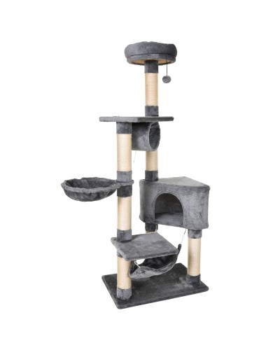  Tiragraffi a Colonna per Gatti con Cuccia, Amaca, Lettini Sospesi e Pali in Corda Sisal, Grigio, 60x40x154cm