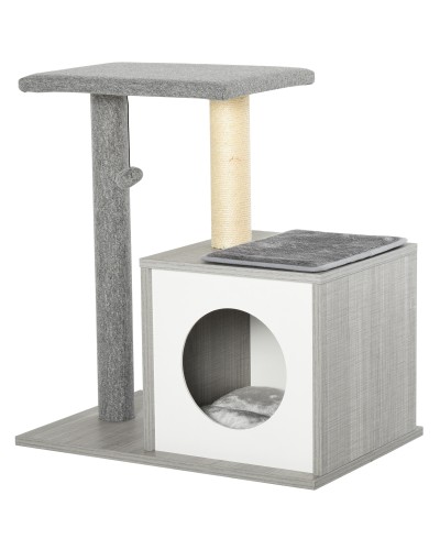  Albero Tiragraffi Multilivello per Gatti e Gattini con Cuccia e Colonna in Corda Sisal, Grigio, 59 x 39 x 62cm