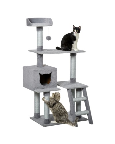 Multi-Level Cat Tree Scratching Post with Condo, Ladder, Platforms, Jute Rope Posts, Grey, 60.5x40x124cm