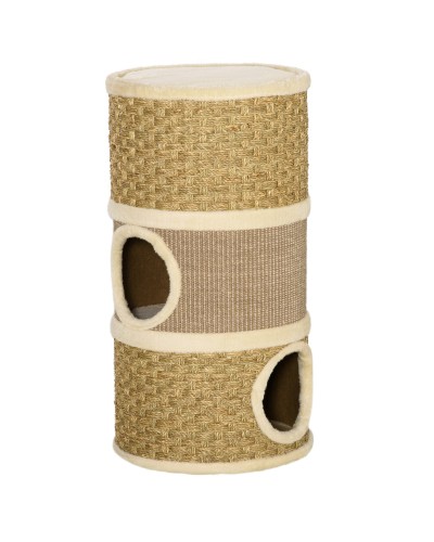  Casetta Cuccia per Gatti Tiragraffi a Torre con 3 Nicchie, Corda in Sisal e Alga Marina, Bordo Peluche, Khaki e Marrone