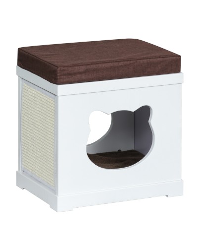 Wooden Cat House Bed with 2 Cushions and Removable Scratching Pad, White and Brown, 41x30x36cm