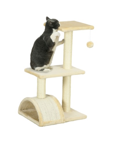  Albero per Gatti a 3 Livelli con Tiragraffi, Peluche e Sisal, 40x35x72 cm, Crema