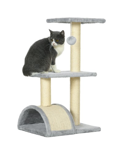  Albero per Gatti a 3 Livelli con Tiragraffi, Peluche e Sisal, 40x35x72 cm, Grigio Chiaro