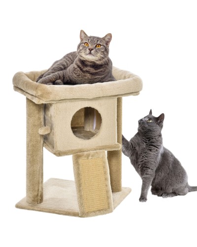  Albero per Gatti in Peluche con Casetta per Gatti e Lettino, Tiragraffi in Juta e Pallina, Marrone