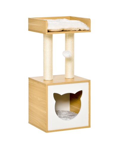  Casetta per Gatti con Pali Tiragraffi in Sisal, Cuscini Lavabili e Pallina, 35x35x81cm, Quercia