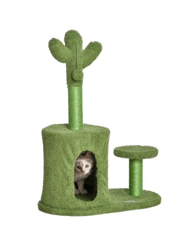  Albero Tiragraffi per Gatti Fino 4.5kg a Forma di Cactus con Palline e Cuccia, 60x35x78cm - Verde