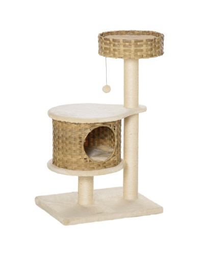 Cat Tree with Rattan Cave and Condo, Sisal Scratching Posts, 55x47x95cm, Beige
