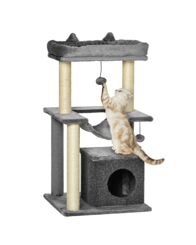  Albero Tiragraffi con Corde Sisal, Casetta e Amaca, Rivestimento Peluche e Feltro, Altezza 100cm, Grigio