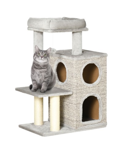 Cat Scratching Post for Cats up to 5kg with Bed and Play Ball, Chipboard Plush and Sisal, 60x40x91 cm