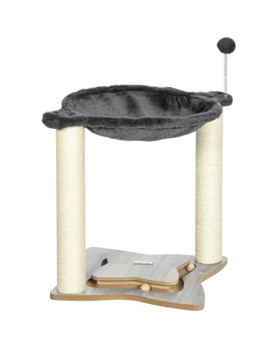 Cat Scratching Post with Plush Hammock, Wooden Base with Toy and Sisal Posts, 53.55x53.5x66cm, Grey