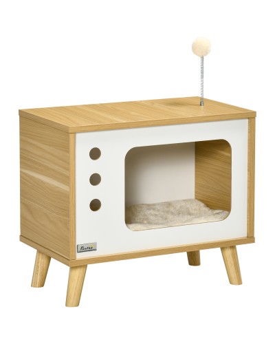  Casetta per Gatti in Truciolato a forma di Televisore con Cuscino e Pallina Giocattolo, 50x28x43 cm