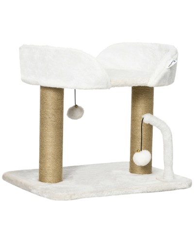 Cat Tower for Cats up to 5kg in Particleboard with Scratching Post and Toy Balls, 48x38x42 cm, Yellow and White