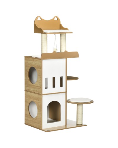  Albero per Gatti in MDF con Tiragraffi per Gatti, 2 Casette per Gatti, Posatoi e Pallina da Gioco, 60x48x133 cm