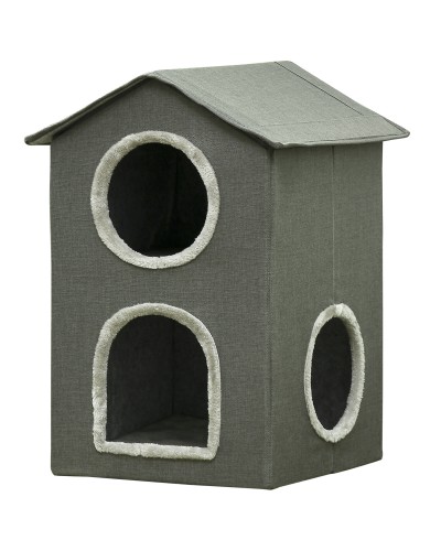  Casetta per Gatti a Due Livelli con Cuscini Lavabili 3 entrate, 42x46x59.5 cm, Grigio