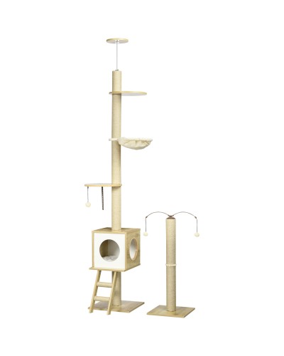  Albero per Gatti in Truciolato ad Altezza Regolabile con Tiragraffi, Casetta, Amaca e Pallina, 40x40x225-285 cm