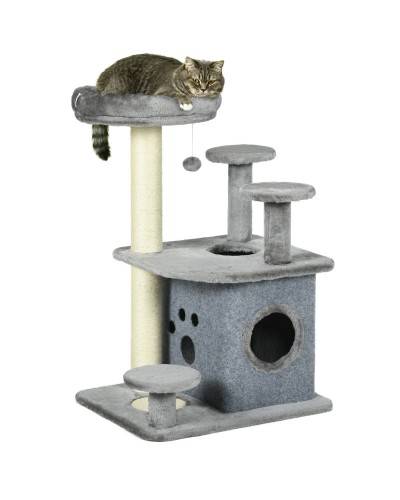  Albero Tiragraffi per Gatti con Lettino e Casetta in Peluche, Pali in Sisal, 60x48x92 cm, Grigio