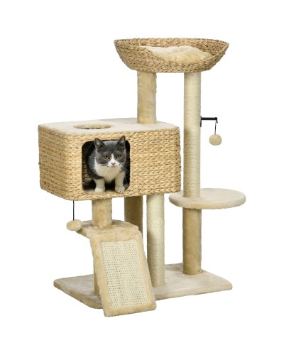  Albero Tiragraffi per Gatti con Casetta, Trespolo e Pallina, in Legno e Poliestere, 60x40x95 cm, Marrone e Beige