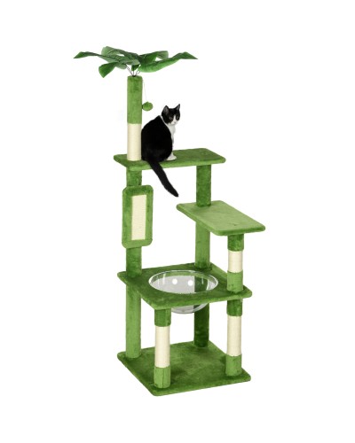Multi-Level Cat Tree with Hammock, Scratching Posts, Ball Toy and Decorative Leaves, 49x49x142 cm, Green