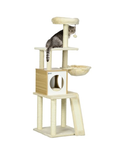  Albero per Gatti con Casetta, Tiragraffi per Gatti, Posatoio e Paletto, 48.5x48.5x141.5 cm, Beige