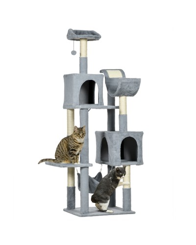 Cat Tree with Hammock, Bed, and 2 Condos, Chipboard and Plush, 55x49x177 cm, Grey and White
