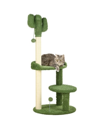  Albero per Gatti a forma di Cactus con Tiragraffi e 2 Palline da Gioco, 35x31x55.5 cm, Verde e Bianco