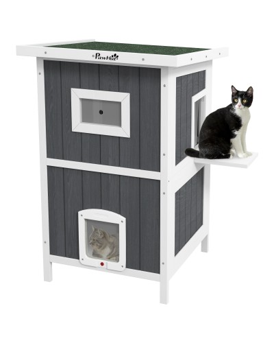 2-Story Outdoor Cat House Wooden Shelter with Asphalt Roof & 4 Doors, 60x60x90.5cm, Grey