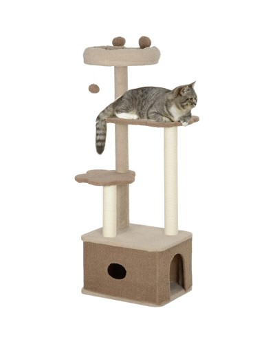  Albero Tiragraffi per Gatti con Lettino, Casetta e Piattaforme, in Legno e Cashmere, 48x40x133 cm, Marrone