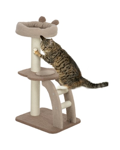  Albero Tiragraffi a 3 Livelli con Trespolo Superiore e Pallina Giocattolo, 48x40x88 cm, Bianco e Marrone