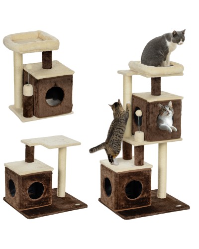  Albero Tiragraffi per Gatti con 2 Casette, Lettino, Piattaforme di Salto e Pallina, in Legno, 55x48x107 cm