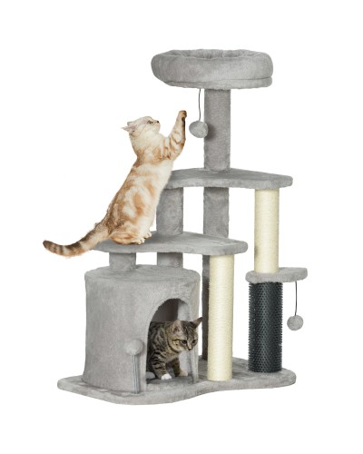 Cat Tree with Condo, Bed and Balls, Chipboard, Sisal and Plush, 60x39x87 cm, Light Grey and Cream