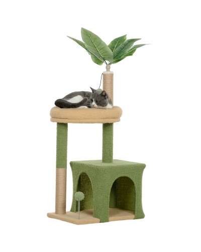  Albero Tiragraffi per Gatti con Casetta, Lettino e 2 Palline, in Legno e Poliestere, 44x30x98 cm, Verde e Marrone