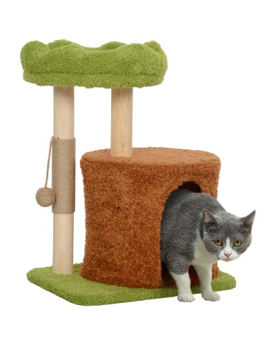 Cat Scratching Tree with House, Bed, and Toy Ball, Wood and Plush, 44x33x61 cm, Green