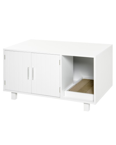  Mobile per Lettiera Gatti in Legno con 2 Ante e Apertura Laterale con Tiragraffi, Bianco